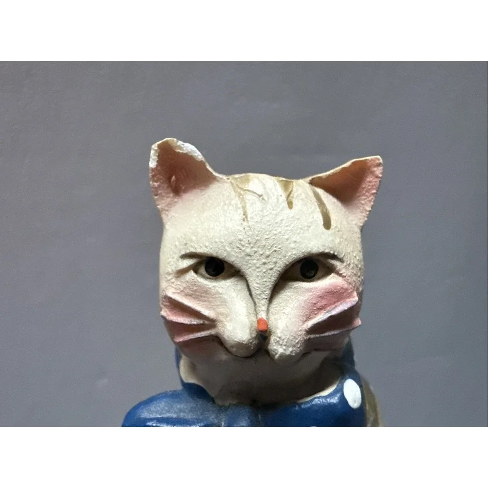 Folk Art Striped Tabby Cat Figurine 6 In Blue Bow Spring Metal Tail